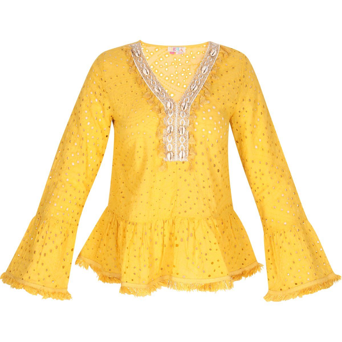 Gelbe bestickte Peplum-Bluse mit Glockenärmeln