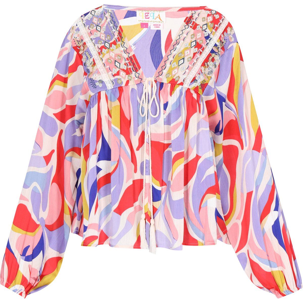 Mehrfarbige, bestickte Boho-Bluse mit Muster