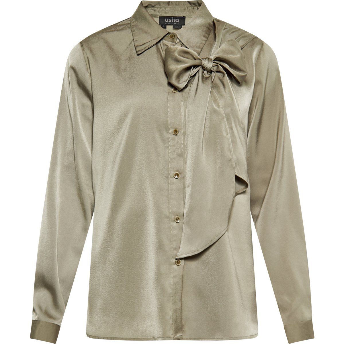 Olive Satin Langarm Bluse mit Schleife