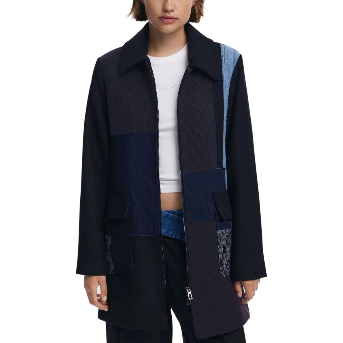 Patchwork-Denimjacke mit Reißverschluss