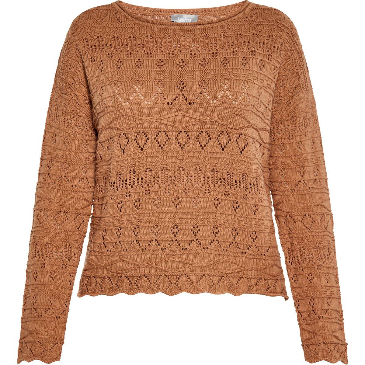 Gehäkelter Strickpullover mit Rundhalsausschnitt