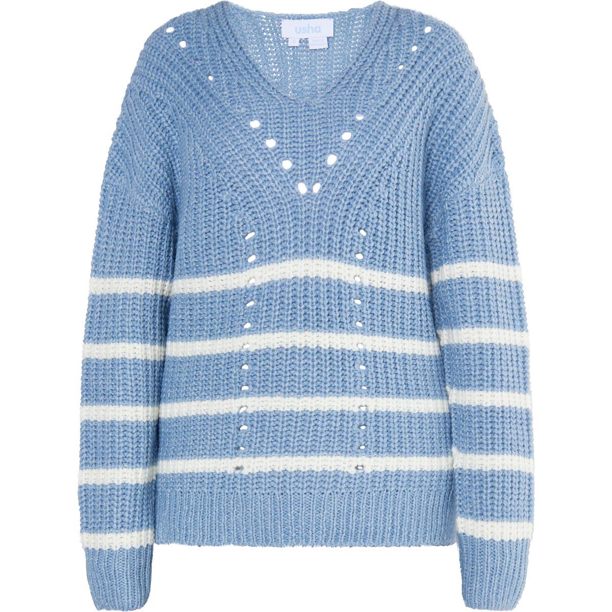 Blauer gestreifter Strickpullover mit V-Ausschnitt