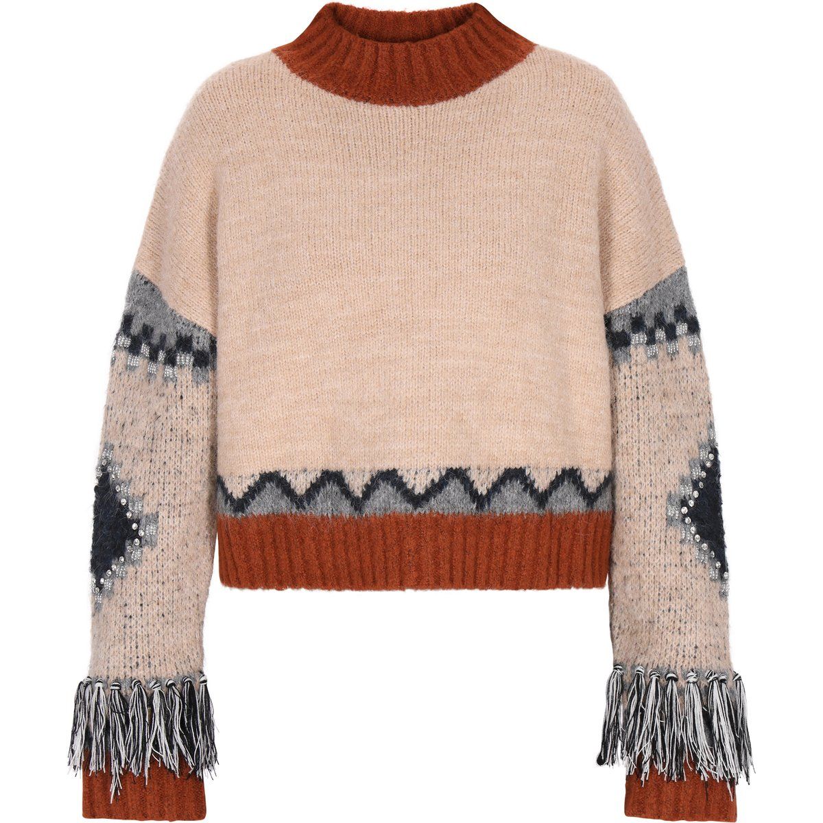 Gemusterter Strickpullover mit Fransenbündchen