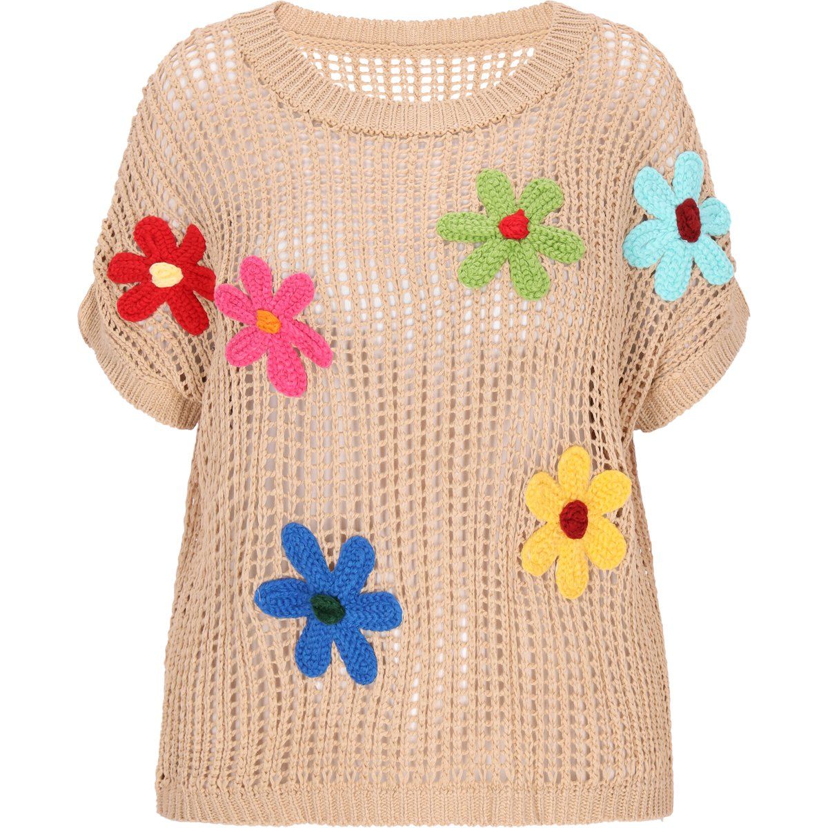 Gehäkeltes Strickoberteil mit Blumenapplikationen