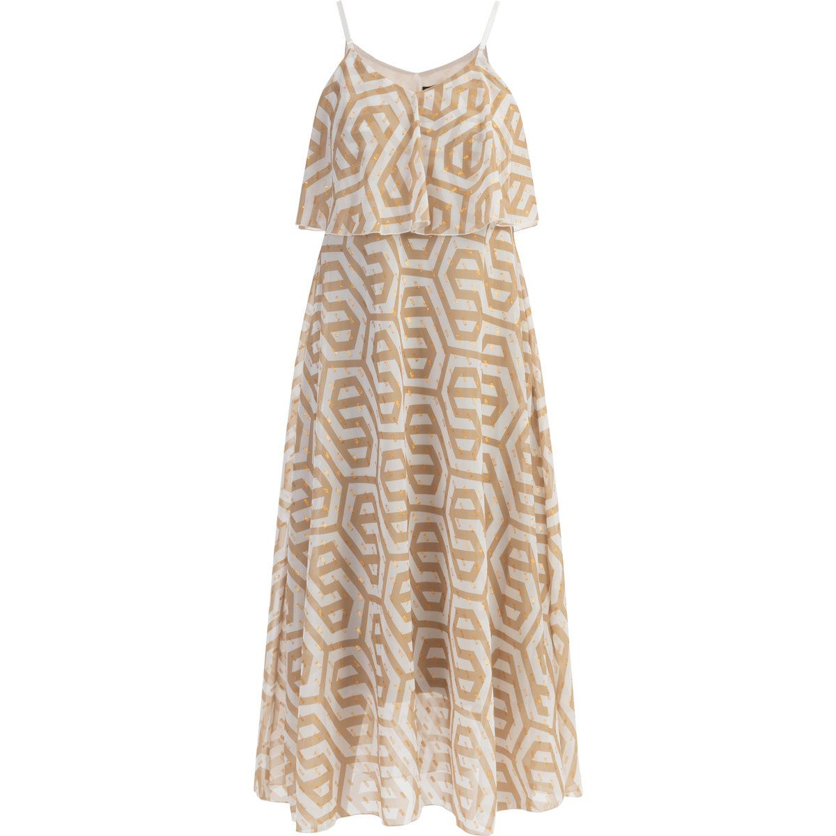Maxi-Kleid mit geometrischem Druck und Rüschen