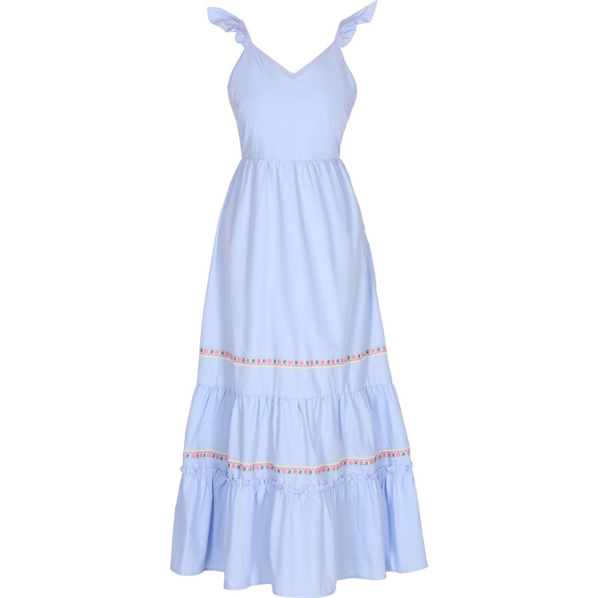 Blaues, gestuftes Maxikleid mit Stickerei