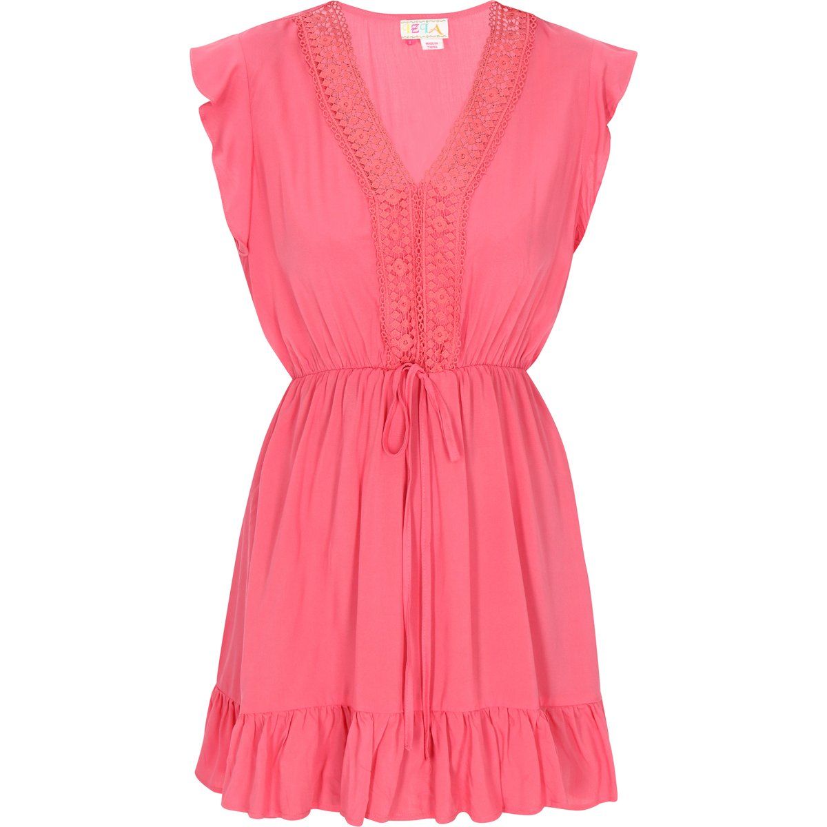 Mini-Kleid mit Häkelborte und Rüschensaum