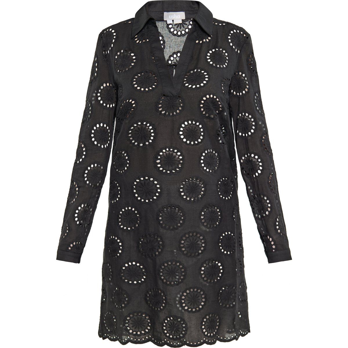 Schwarzes Baumwollkleid mit Lochstickerei