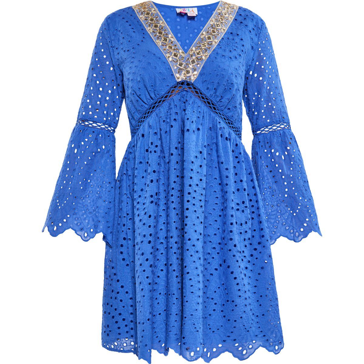Mini-Kleid mit Ösenstickerei und Besatz