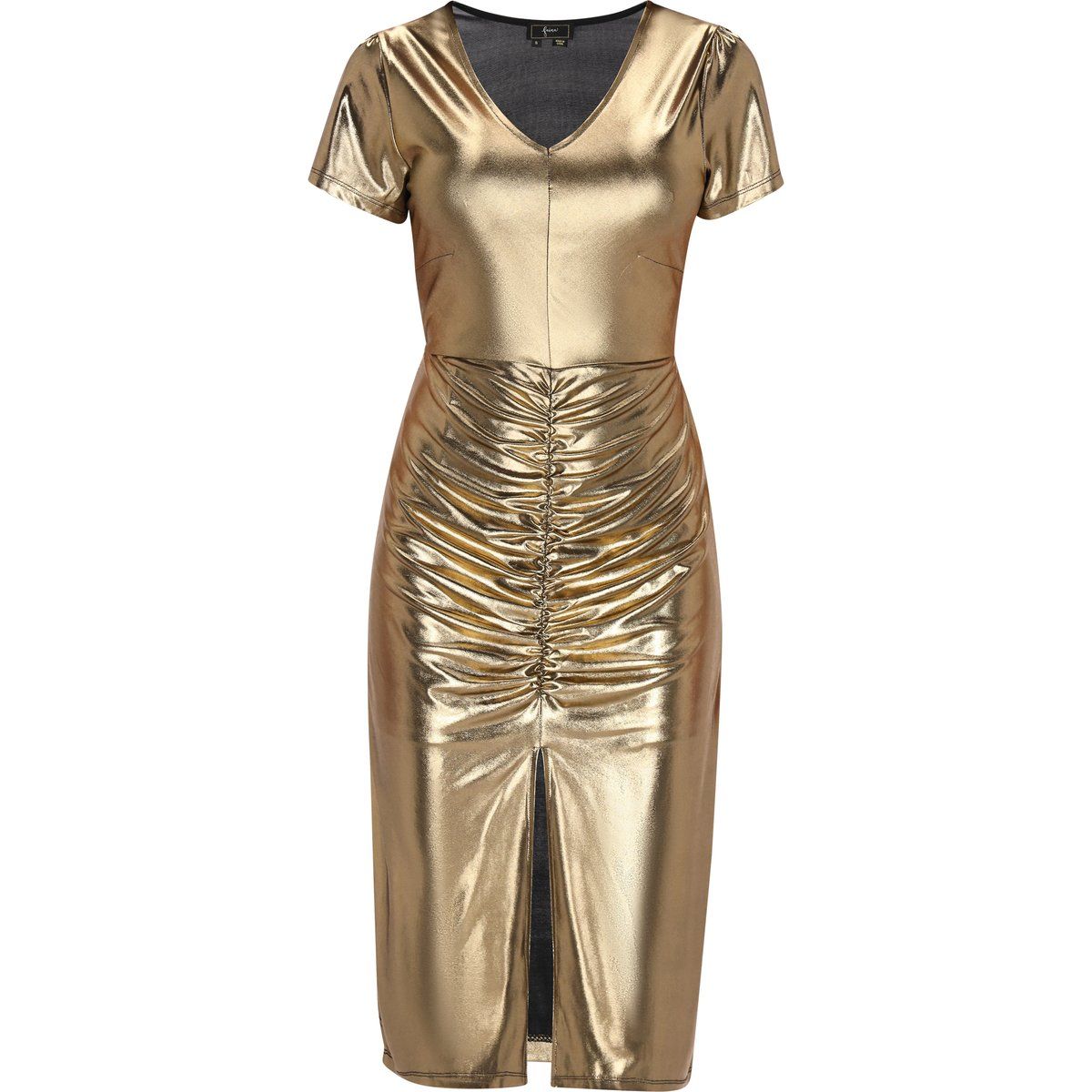 Metallisches, gerafftes Midikleid mit Schlitz