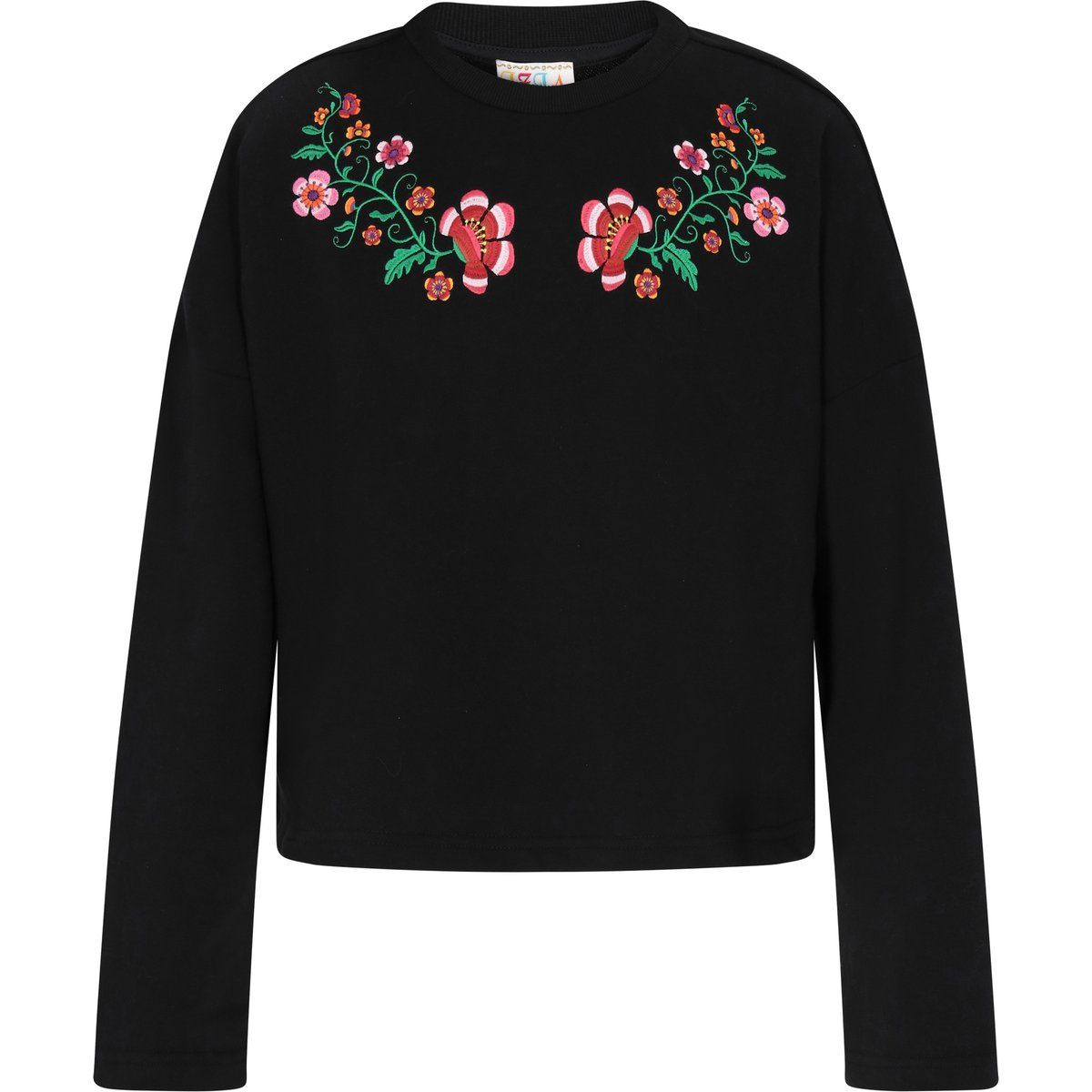 Schwarzes Langarmshirt mit Blumenstickerei