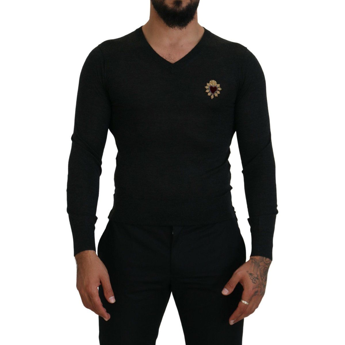 Schwarzer V-Ausschnitt Pullover aus Merinowolle