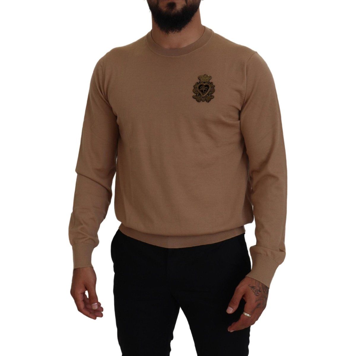 Beigefarbener Rundhals-Pullover aus Merinowolle