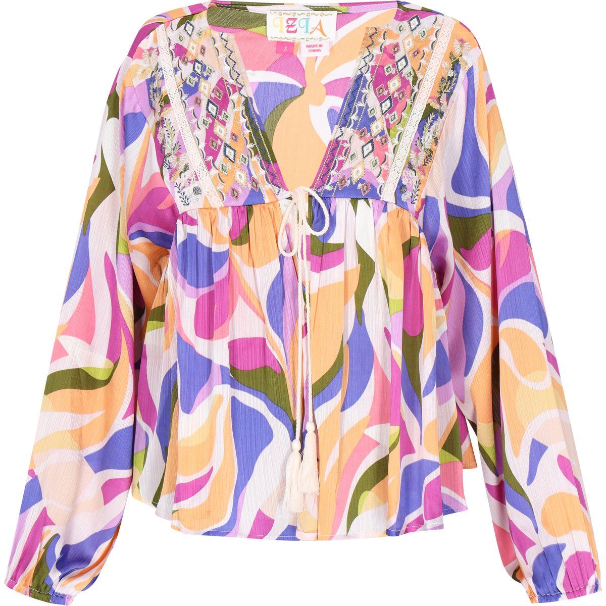 Boho-Bluse mit V-Ausschnitt und Stickerei