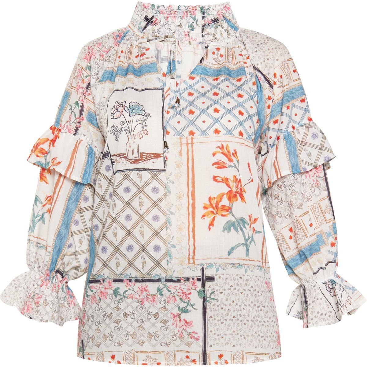 Patchwork Bluse mit Rüschen