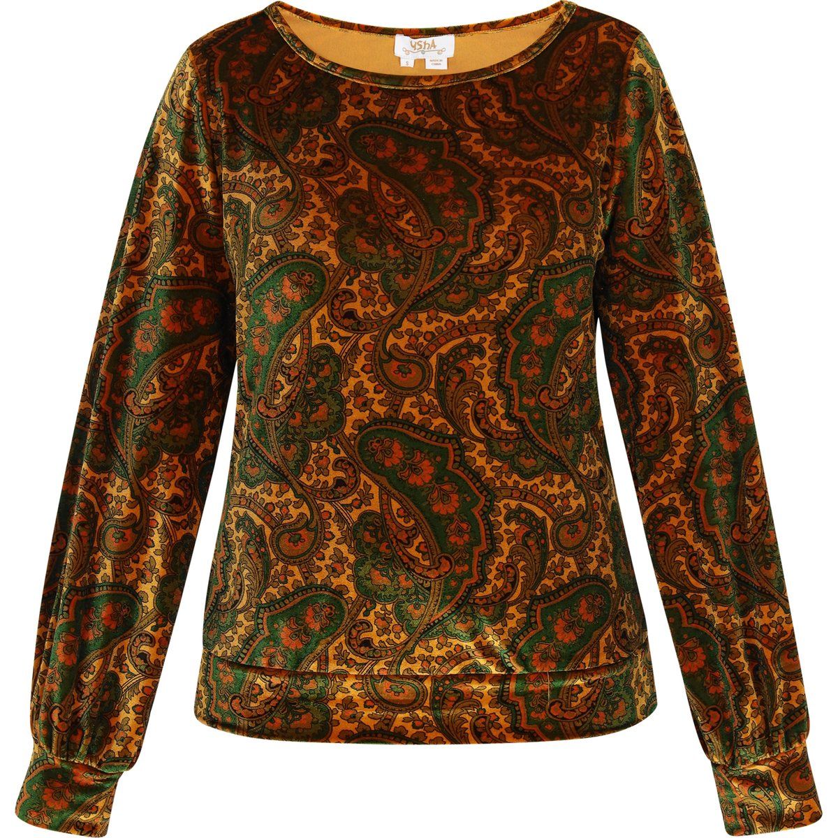 Retro Paisley Samt Top mit Laternenärmeln