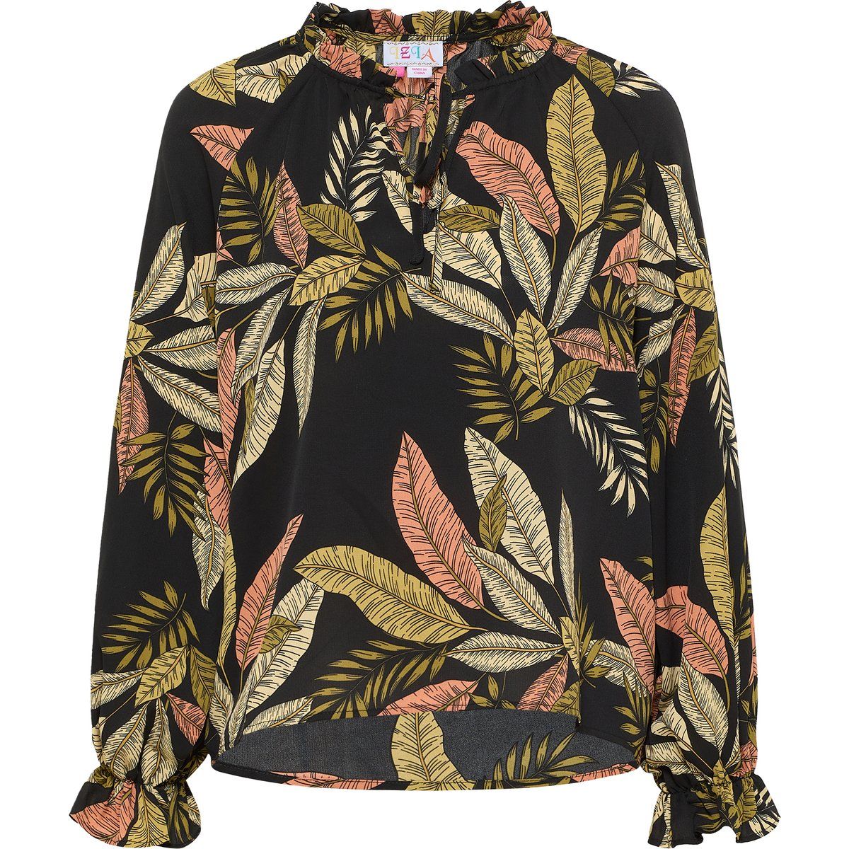 Bluse mit Blätterprint und Rüschenkragen