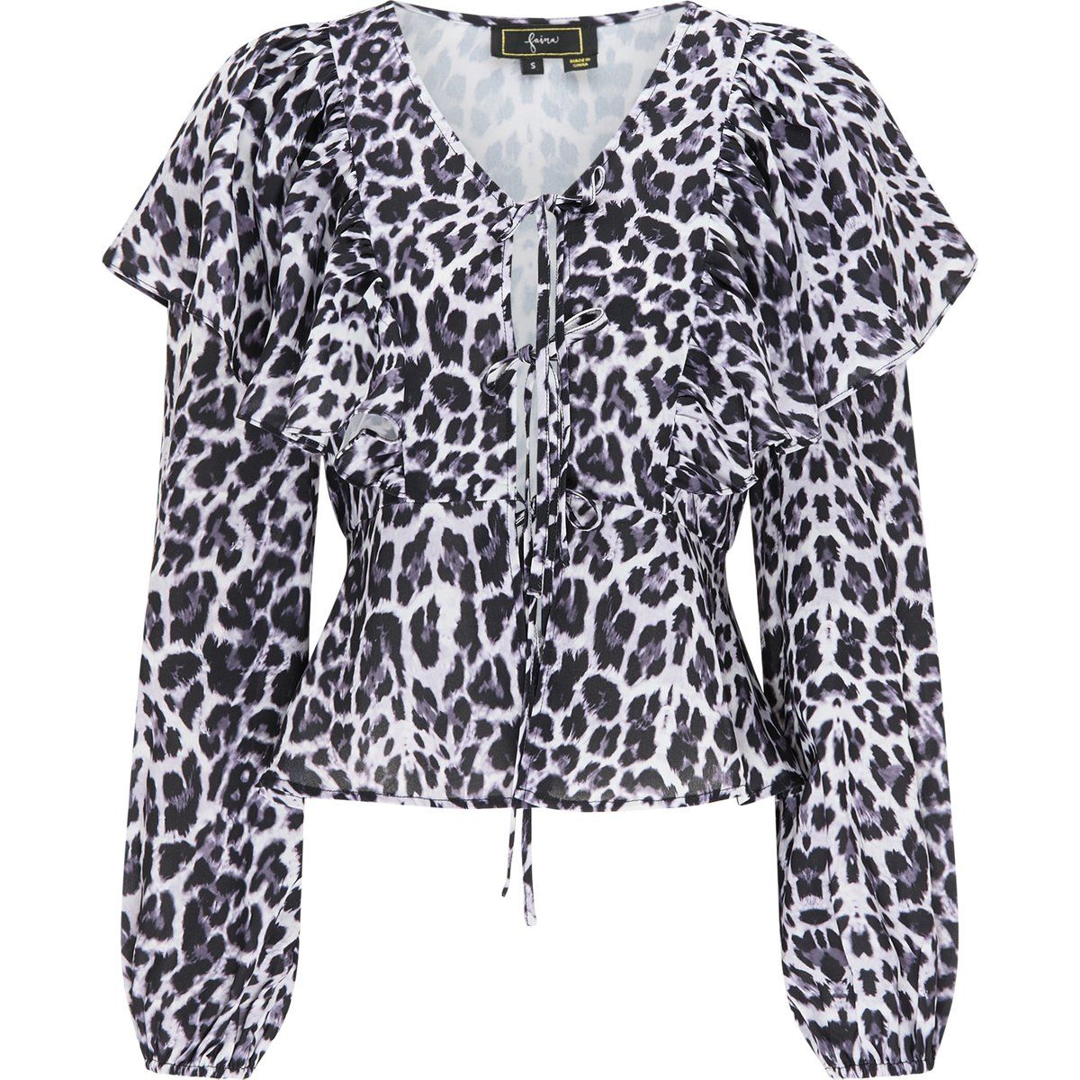 Leopardenmuster Rüschenbluse mit Bindeband