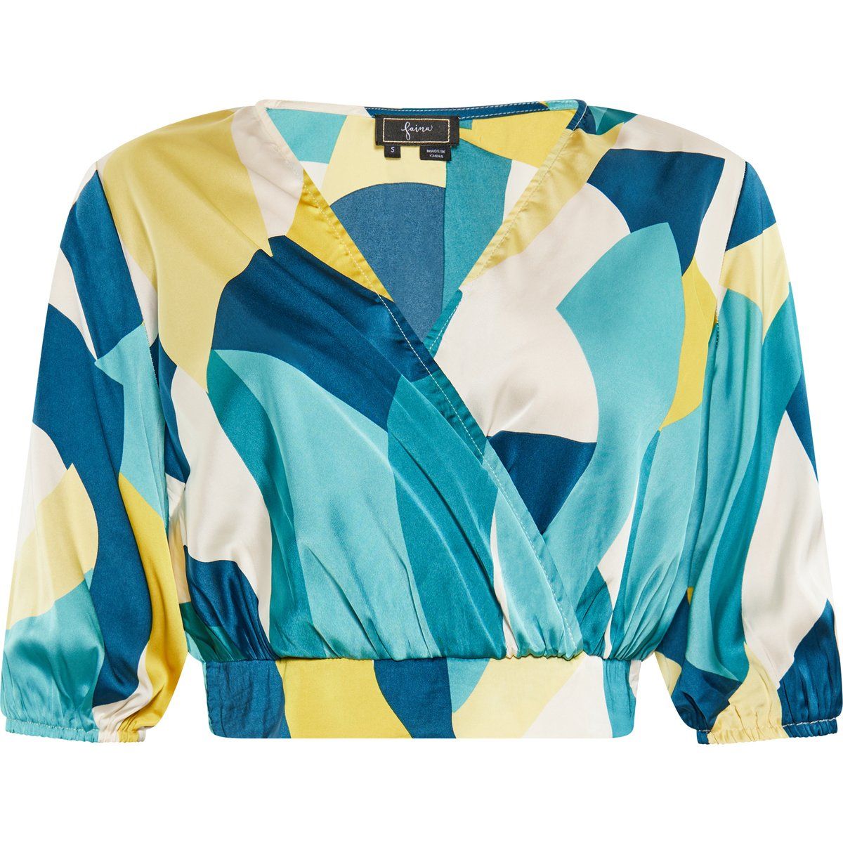 Satin-Wickelbluse mit geometrischem Druck
