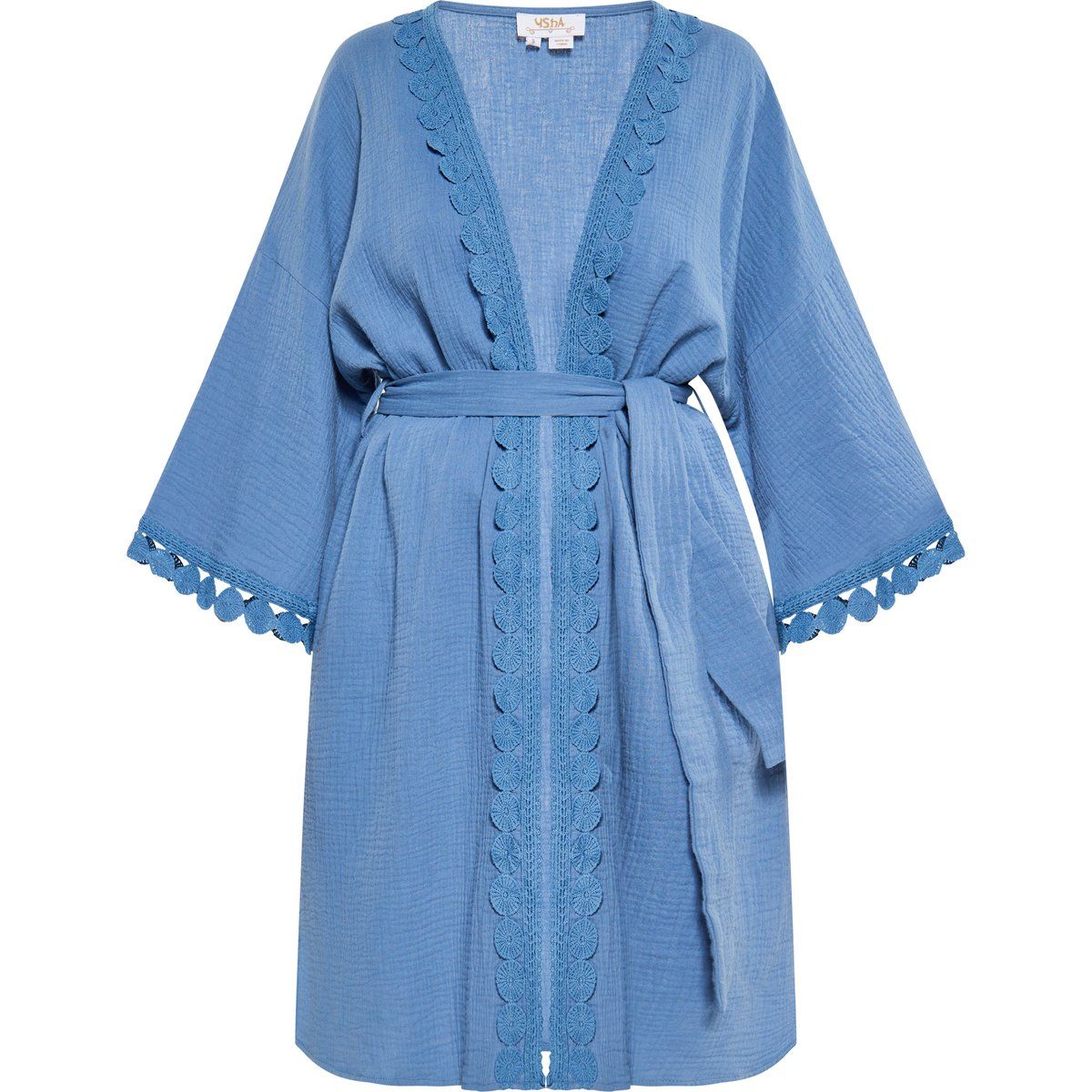 Blauer Baumwoll-Kimono mit Spitzendetails