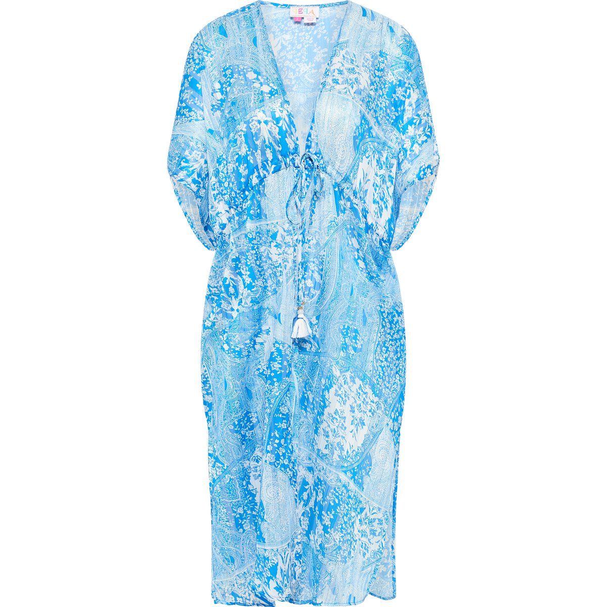 Bohemianischer blauer Kimono-Cover-Up mit Blumenmuster