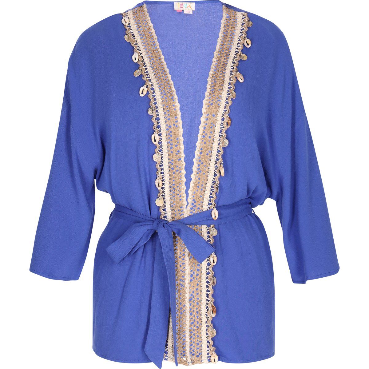 Blauer Kimono mit verzierten Besatz