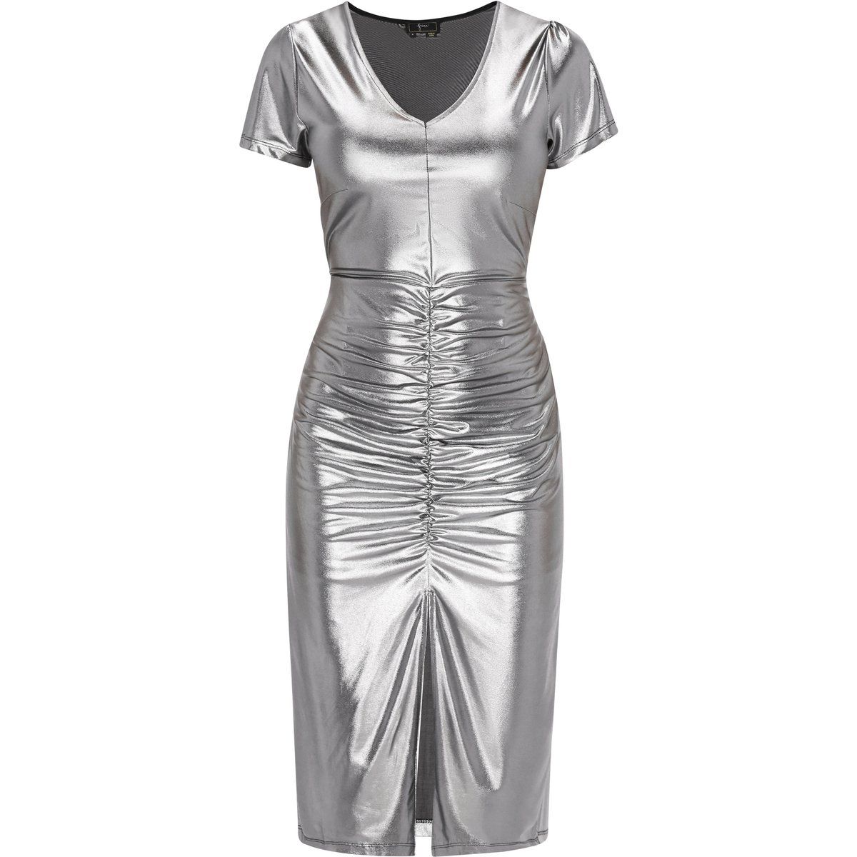 Schimmerndes, gerafftes Midikleid mit Schlitz