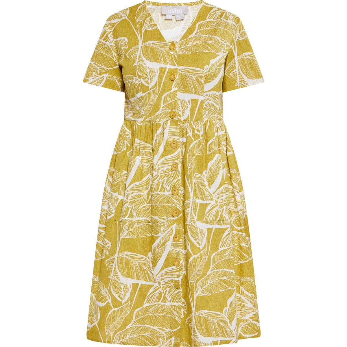 Midikleid mit Blätterprint und Knopfleiste
