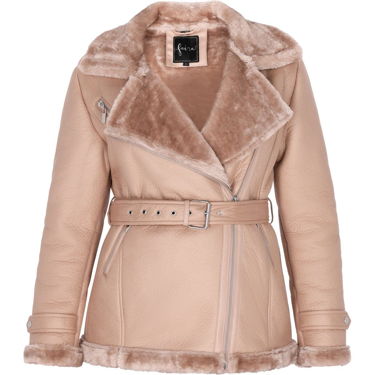 Faux Shearling Bikerjacke mit Gürtel