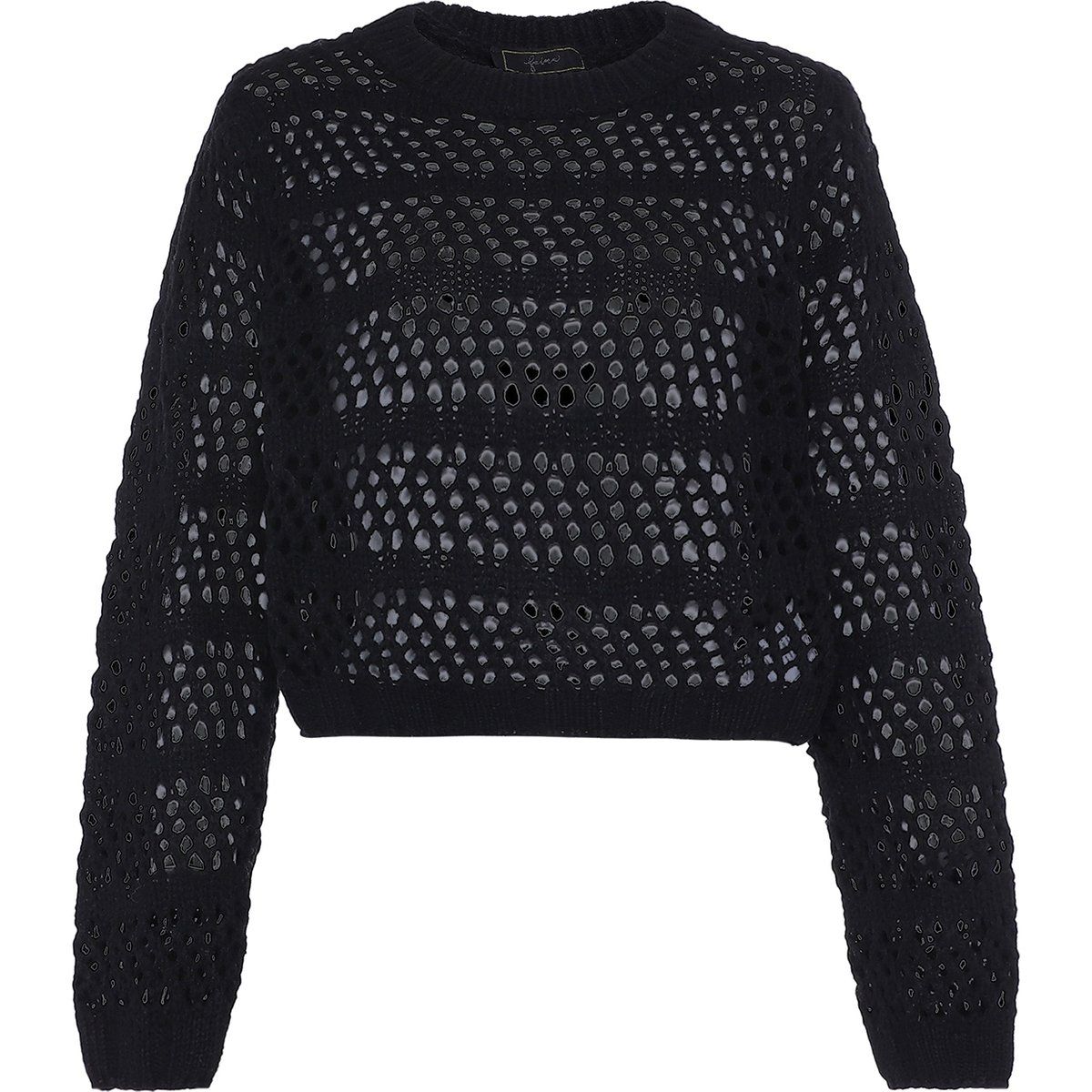Schwarzer, verkürzter, offener Strickpullover