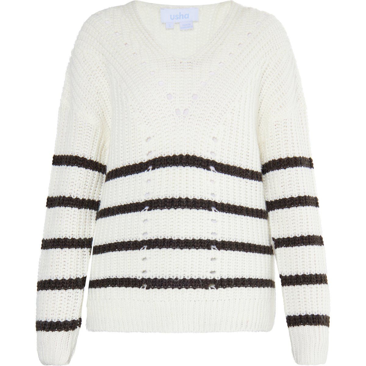 Gestreifter Grobstrickpullover mit V-Ausschnitt