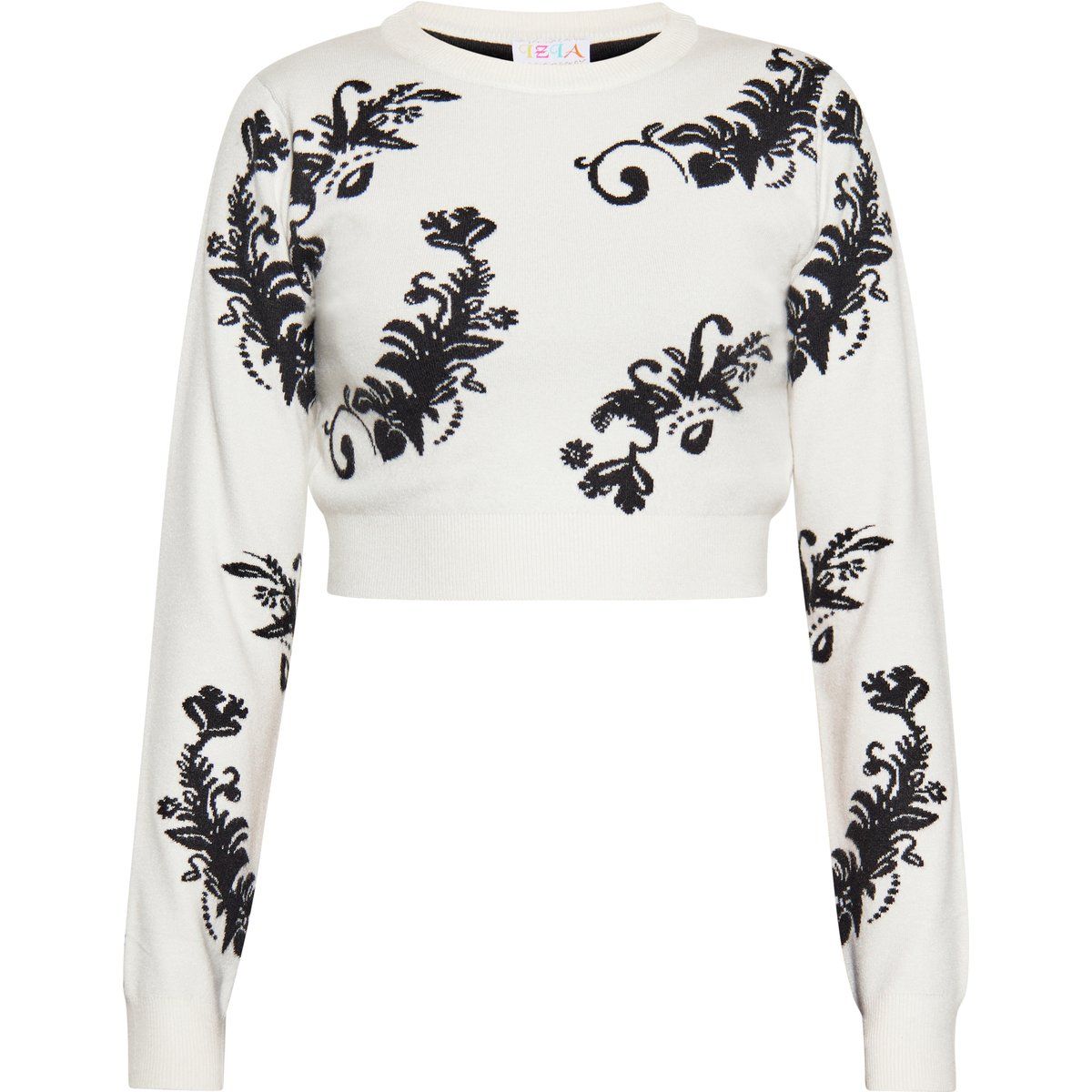 Floraler Jacquard-Strickpullover in Wollweiß und Schwarz