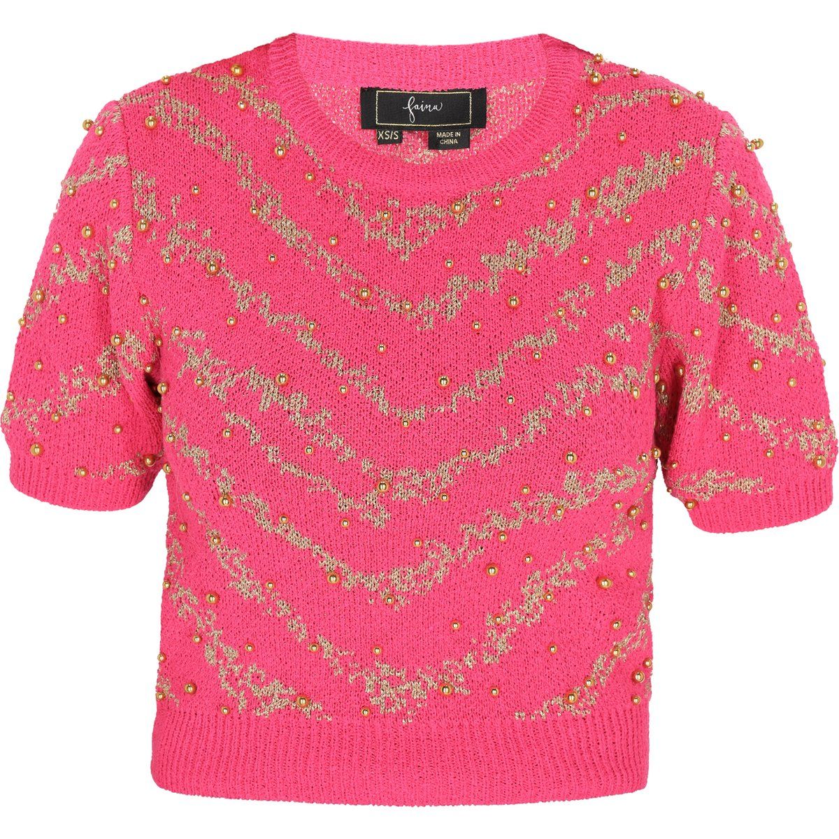 Pink Strickoberteil mit kurzen Ärmeln und Verzierung