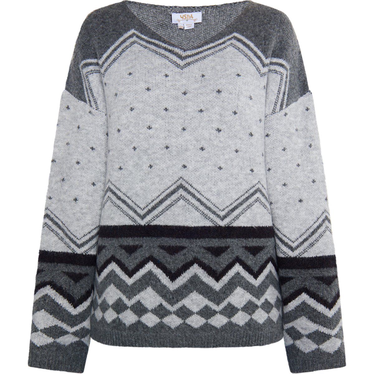 Grau gemusterter Strickpullover für Damen