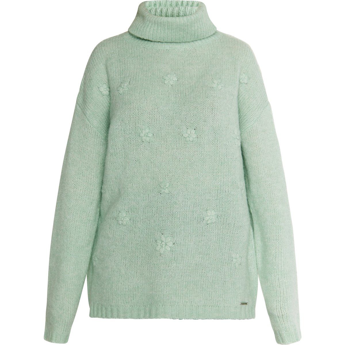 Mintgrüner Rollkragenpullover mit Blumenmuster