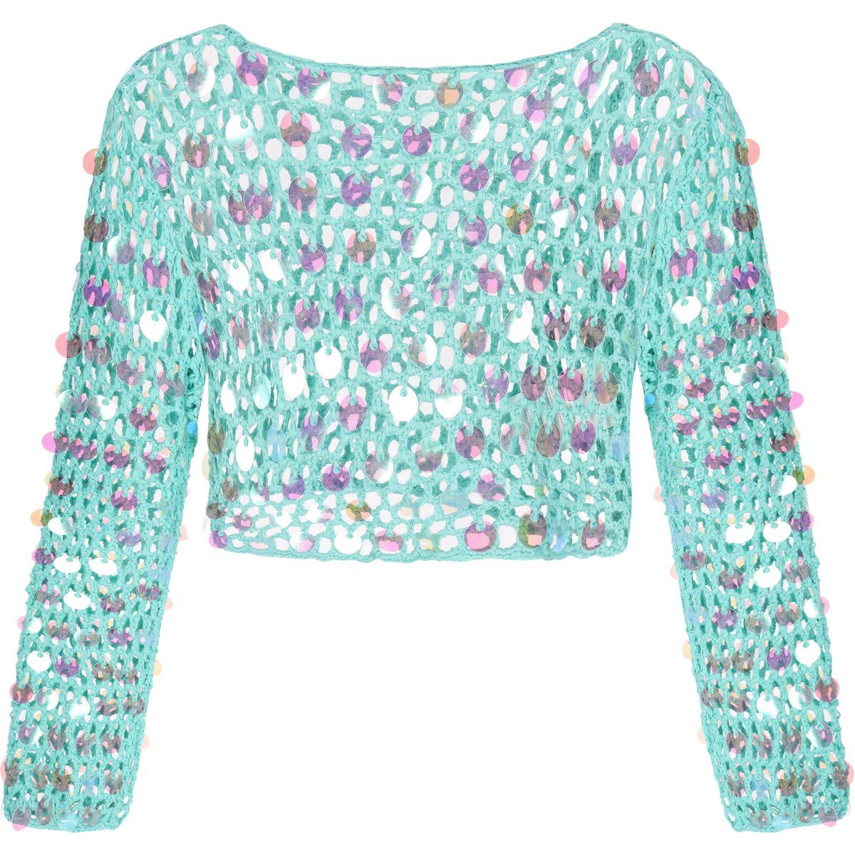 Kurzer, offen gestrickter, paillettenbesetzter Pullover