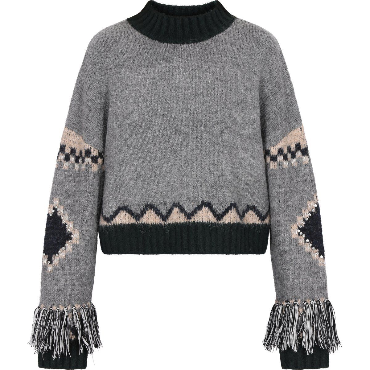 Kurzer Strickpullover mit Muster und Fransen
