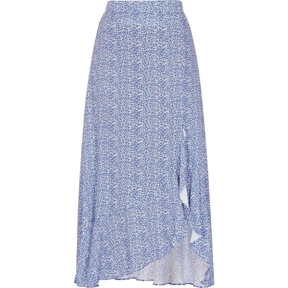 Blauer Midirock mit Blumendruck und Rüschen