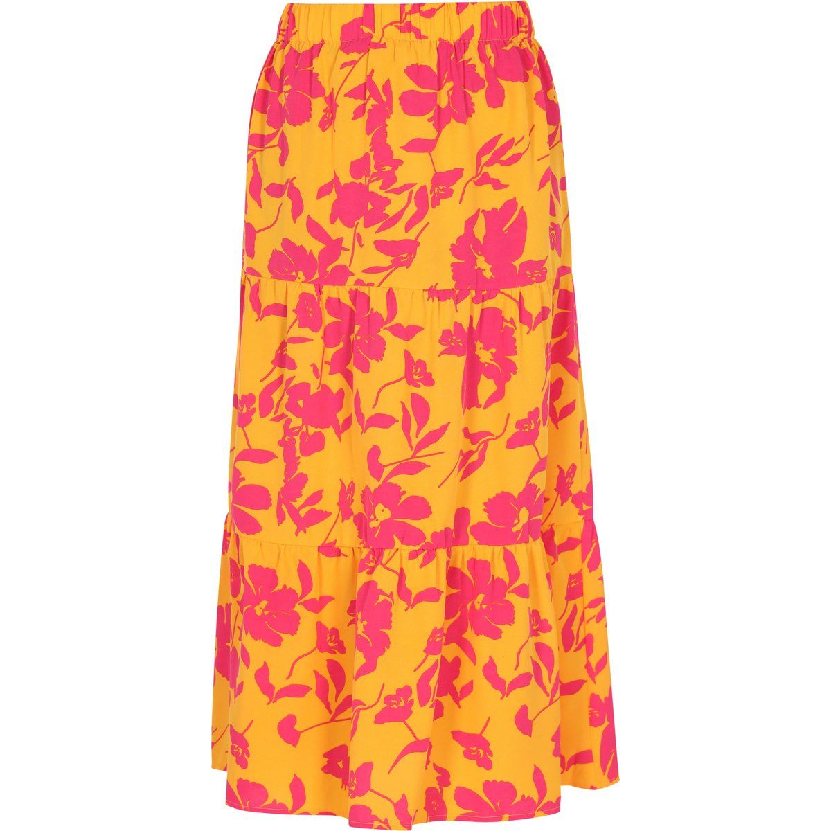 Mehrfarbiger, gestufter Midirock mit Blumenmuster