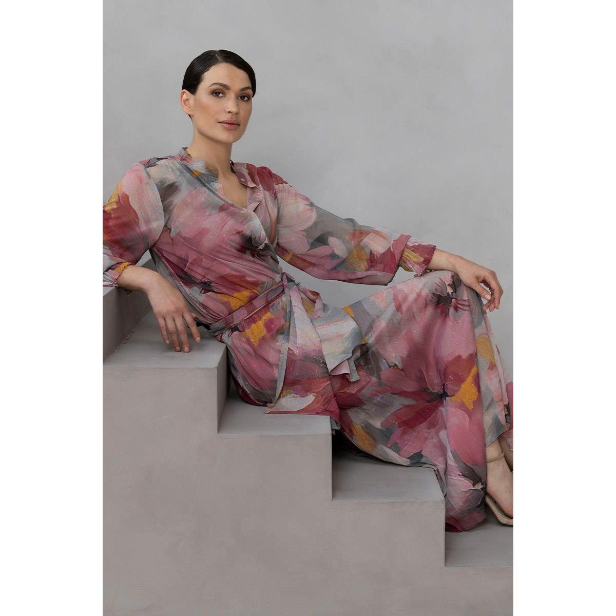 Lurex-Bluse mit Blumenmuster und Schluppe