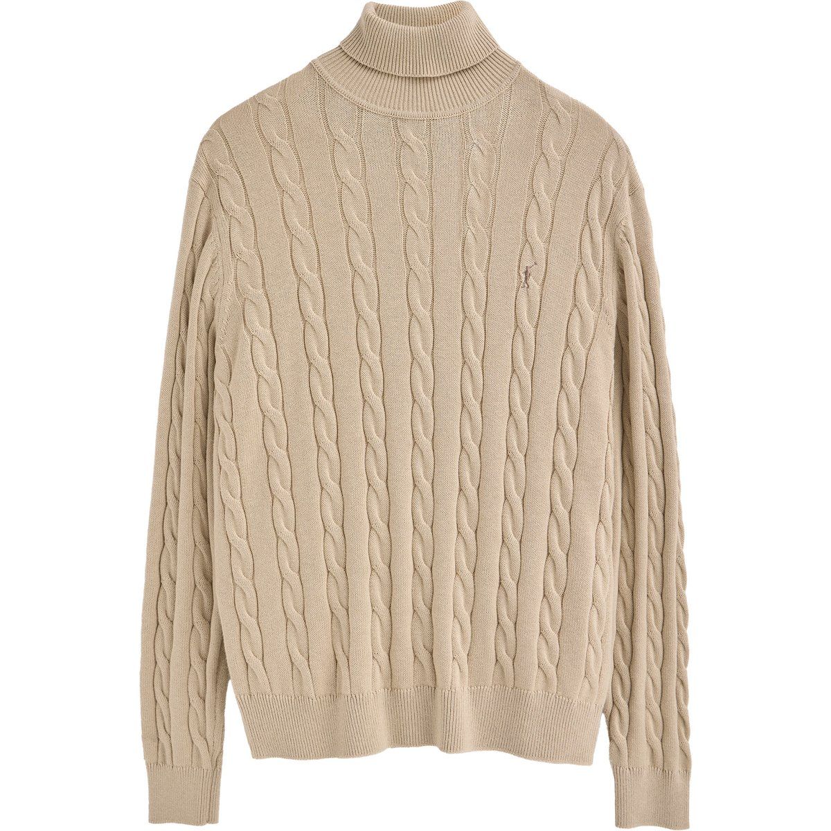 Beiger Rollkragenpullover mit Zopfmuster