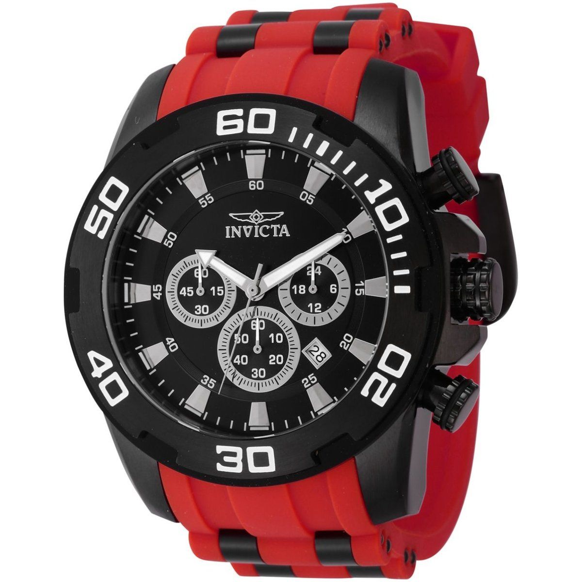 Schwarze Chronographenuhr mit rotem Armband