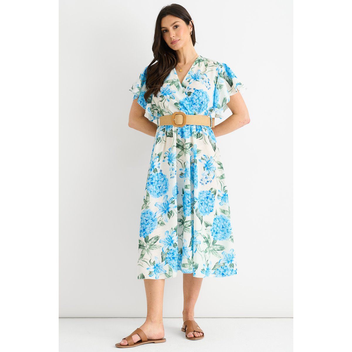 Geblümtes Midikleid mit Rüschenärmeln