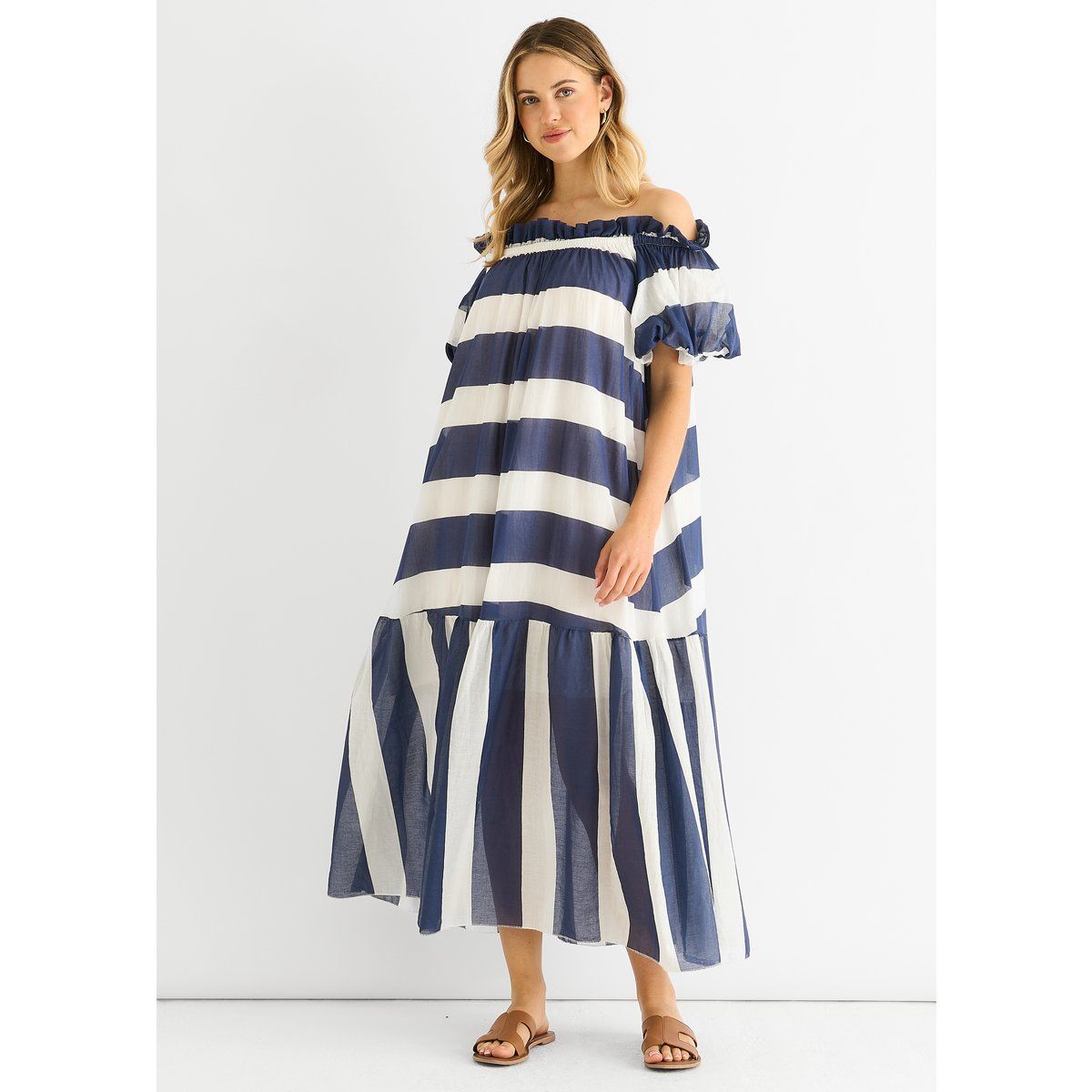 Gestreiftes Baumwoll-Midaxikleid mit Bardot-Ausschnitt