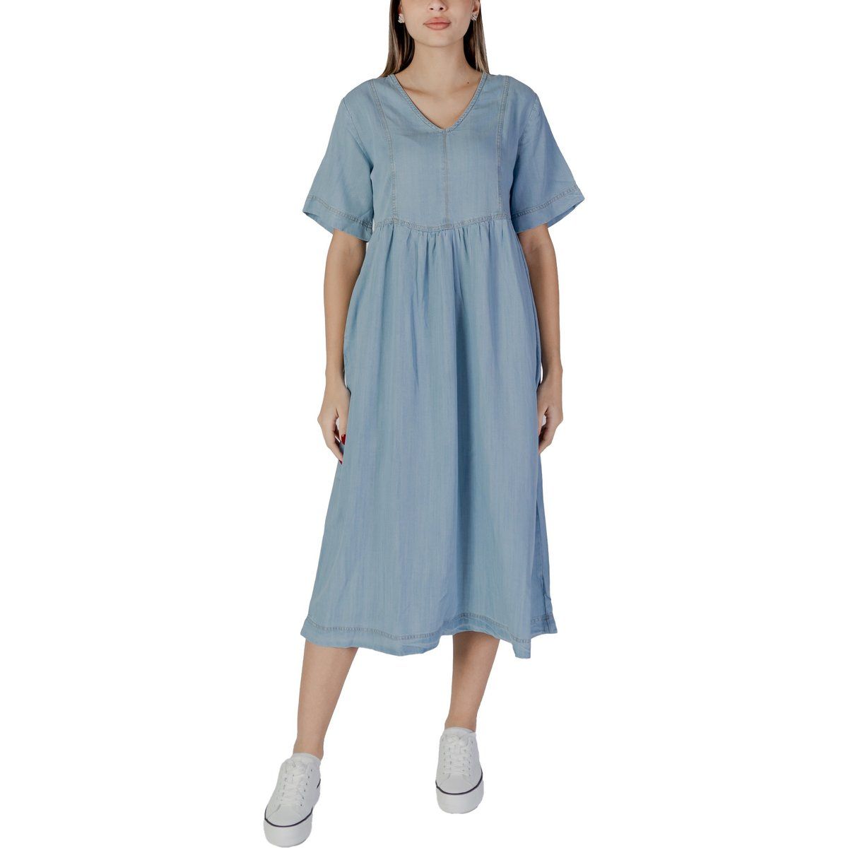 Lässiges Denim-Kleid Kurzarm V-Ausschnitt