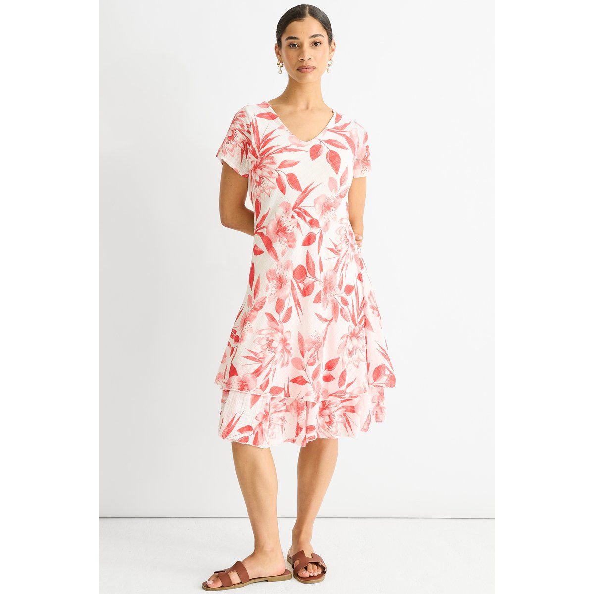 Baumwollkleid mit Blumenmuster und V-Ausschnitt
