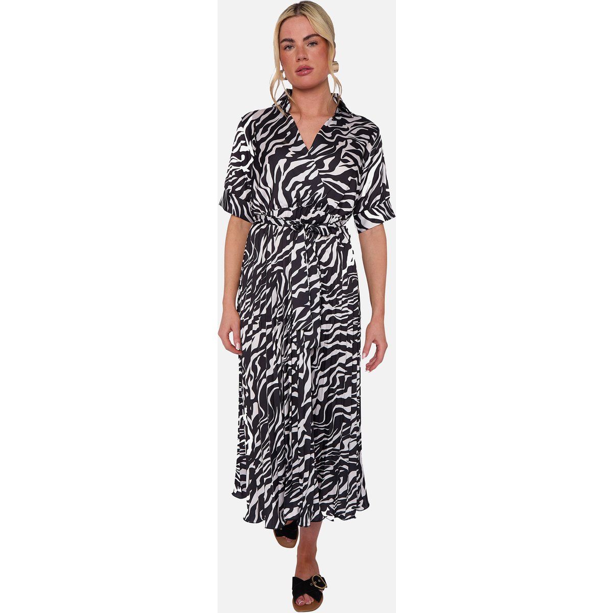 Gestreiftes Zebra-Midikleid mit Gürtel