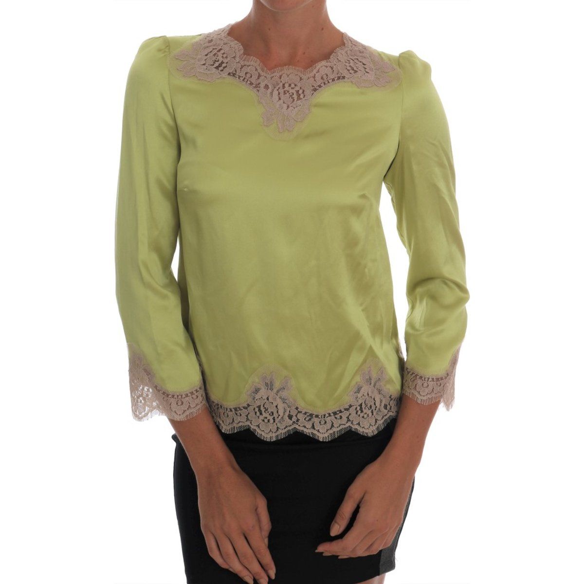 Limonengrüne Seidenbluse mit Spitzenbesatz