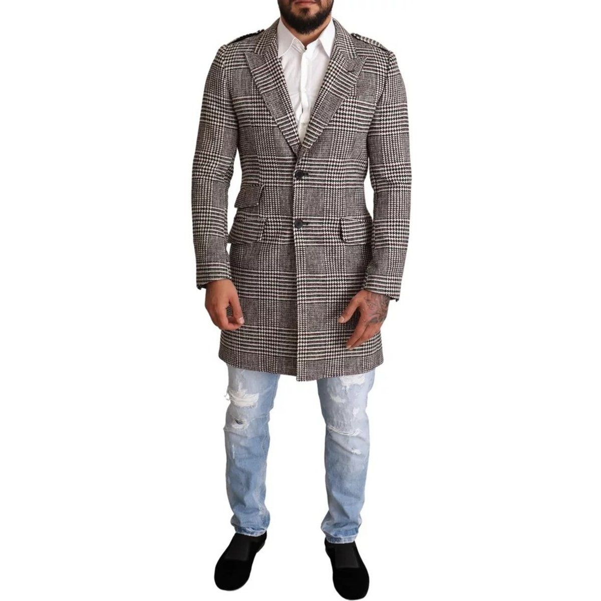 Glen Plaid Wollmantel mit langen Ärmeln