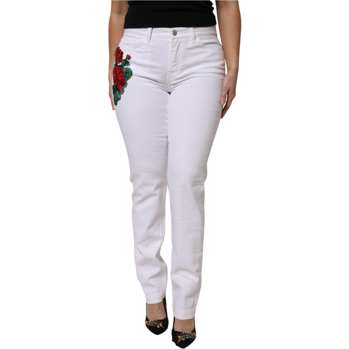 Blumen bestickte gerade Jeans
